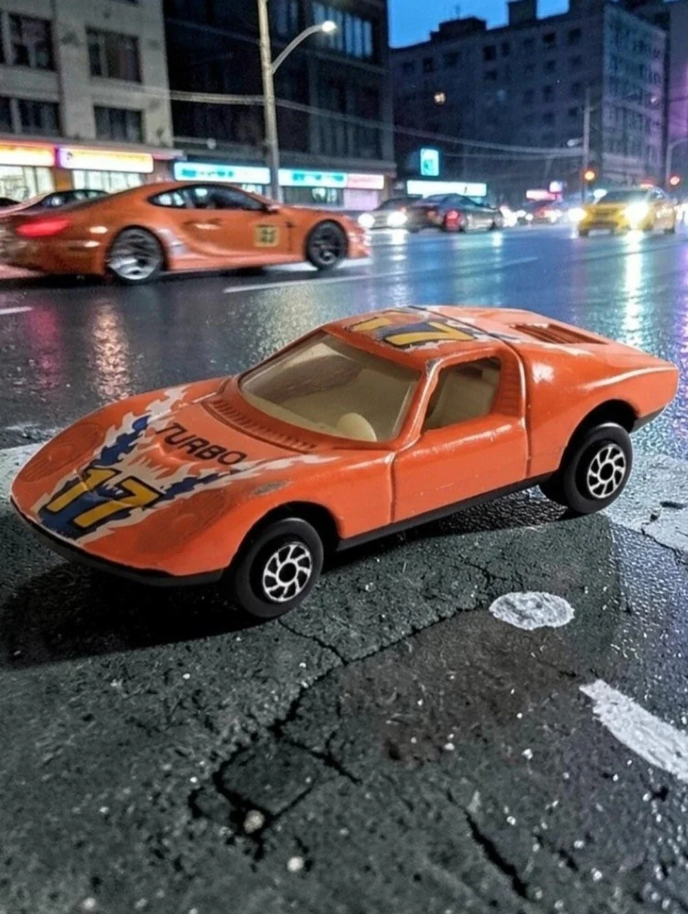 Yatming #17 Turbo Orange Lamborghini Miura Decal Tomica-sized Die-Cast 1:64 Toy.